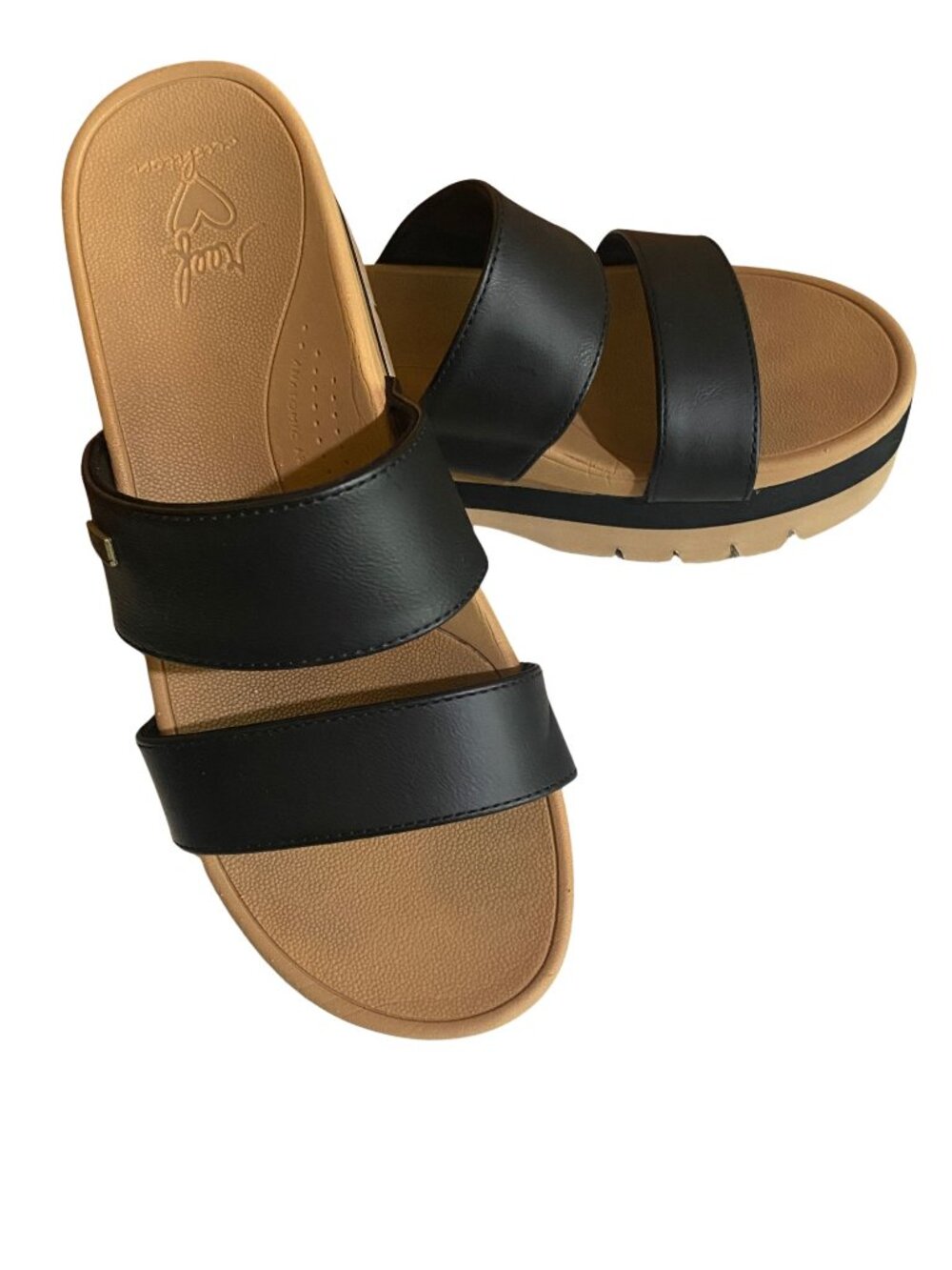 Reef Cushion Platform Slide Sandals Black Tan Double Strap Comfort Size 8